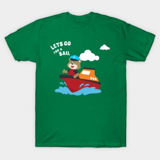 Cute bear the animal sailor on the boat with cartoon style. T-Shirt